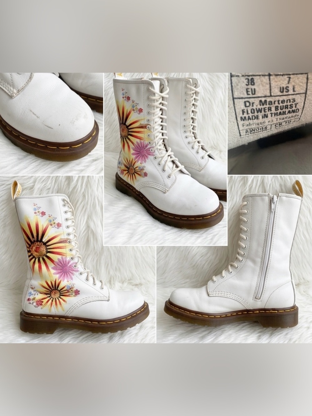 Dr. Martens Flower Burst White Floral Leather Boots - Size US 7 / UK 5